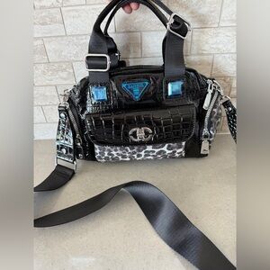 NWT Black Croc-Effect Satchel with Animal Print Accent